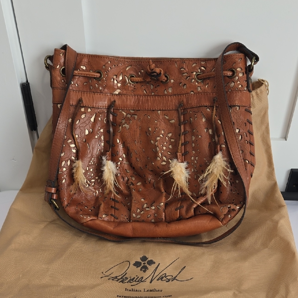 Patricia Nash Brown Leather Shoulder Bag with Feather Design